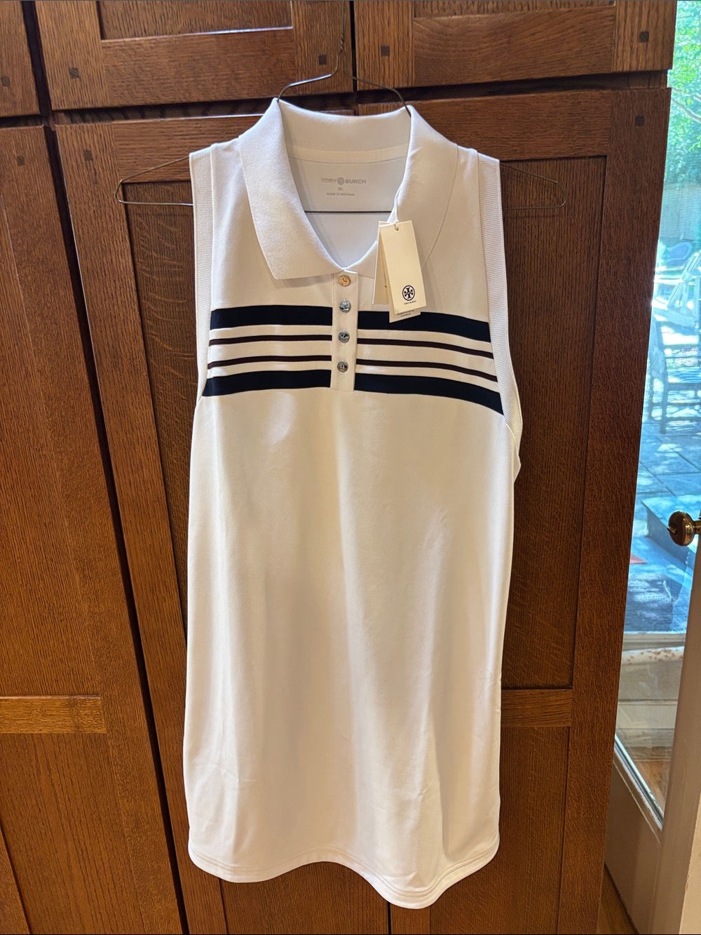 Tory Burch White Sleeveless Polo Dress with Navy Stripes